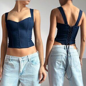 Edikted Whimsygoth Lace Up Corset Denim